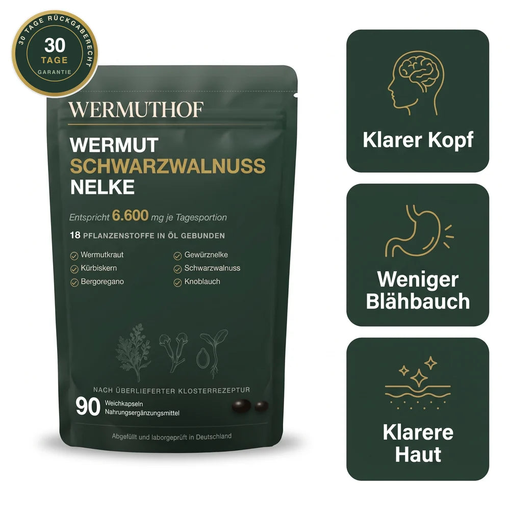 Wermuthof Kräuterkur mit Wermut, Schwarzwalnuss und Nelke – klarer Kopf, weniger Blähbauch, klarere Haut