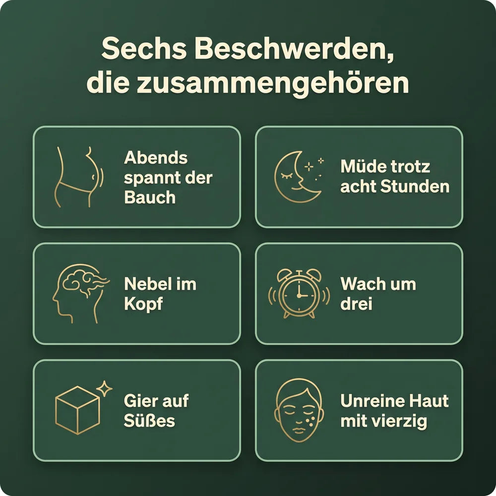 Sechs Beschwerden, die zusammengehören: Blähbauch, Müdigkeit, Heißhunger, Watte im Kopf