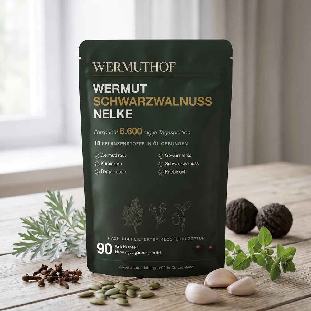 Wermut, Nelken, Kürbiskerne und Knoblauch neben der Packung der Kräuterkur