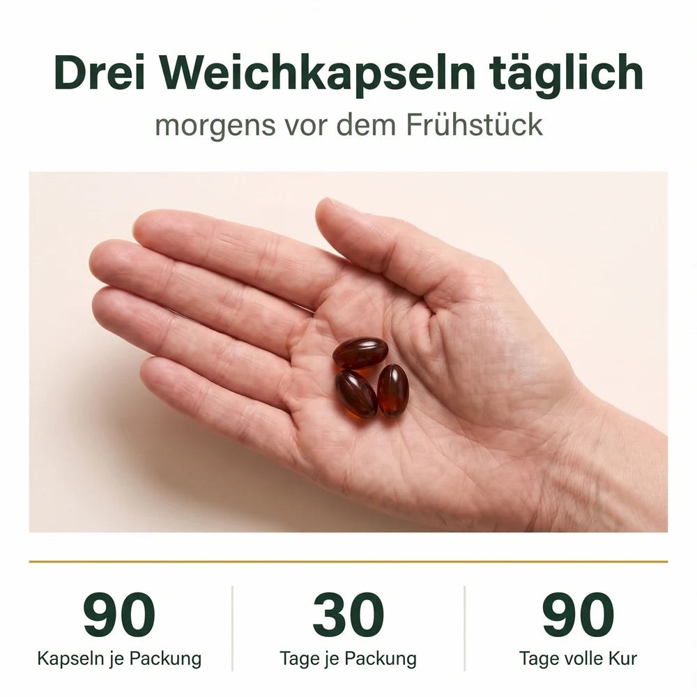 Drei Weichkapseln täglich, morgens vor dem Frühstück – 90 Kapseln je Packung, 30 Tage je Packung, 90 Tage volle Kur
