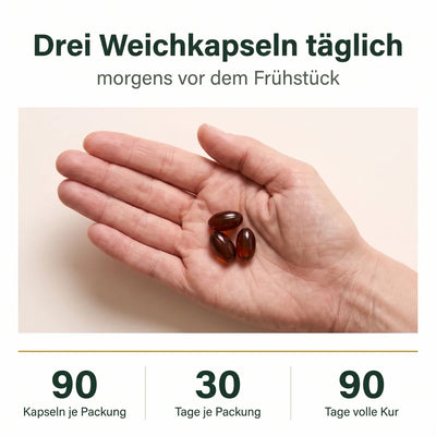 Drei Weichkapseln täglich, morgens vor dem Frühstück – 90 Kapseln je Packung, 30 Tage je Packung, 90 Tage volle Kur
