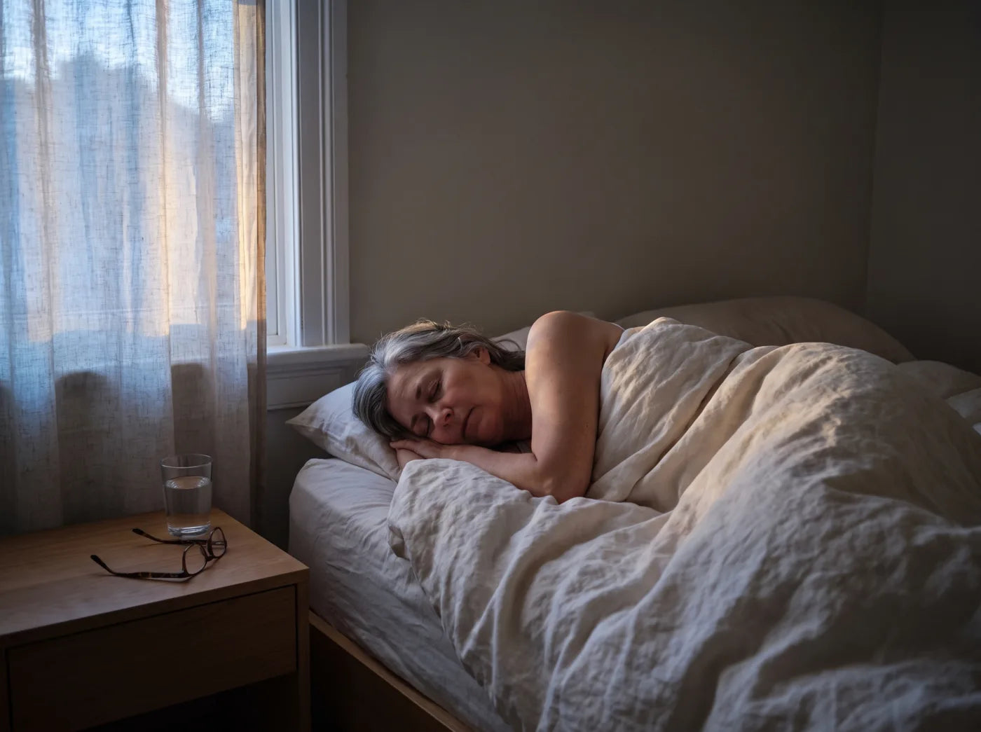 Frau schläft ruhig im Morgenlicht