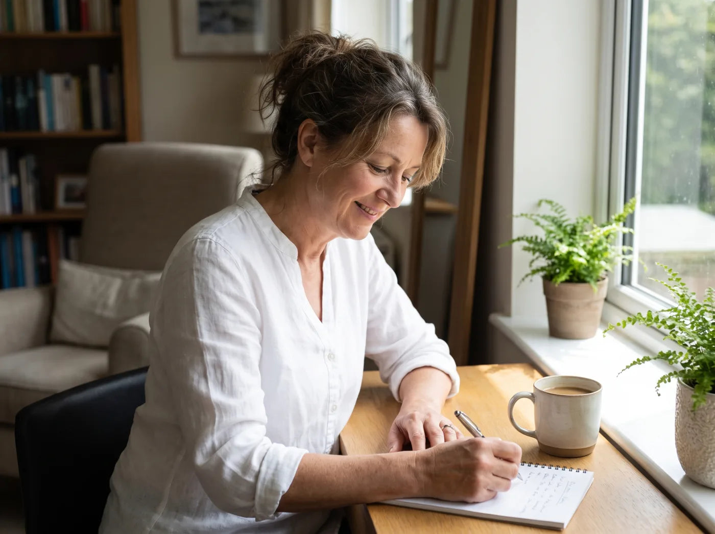 Frau arbeitet konzentriert am Vormittag