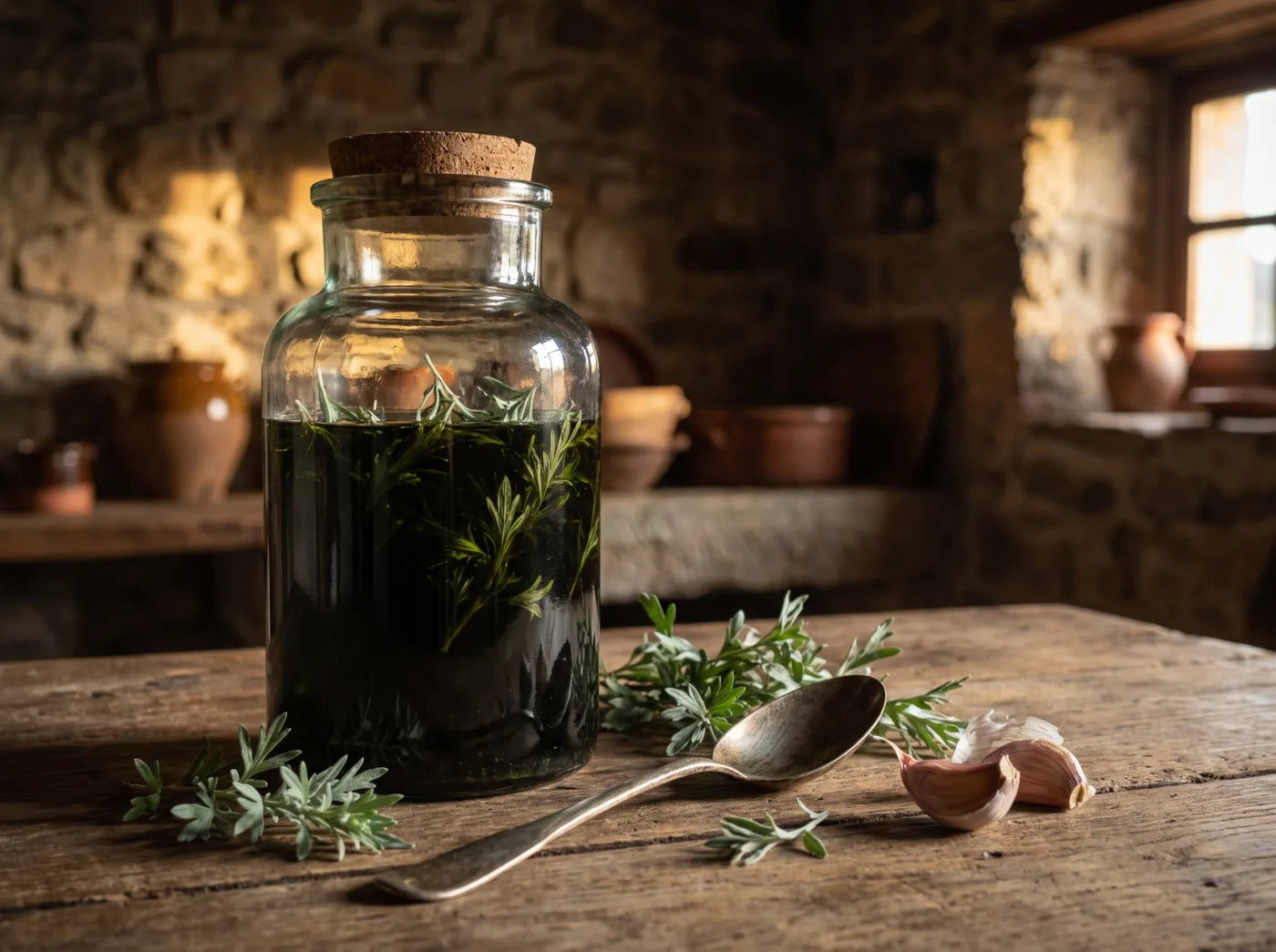 Sommergereiftes Kräuteröl im Glas